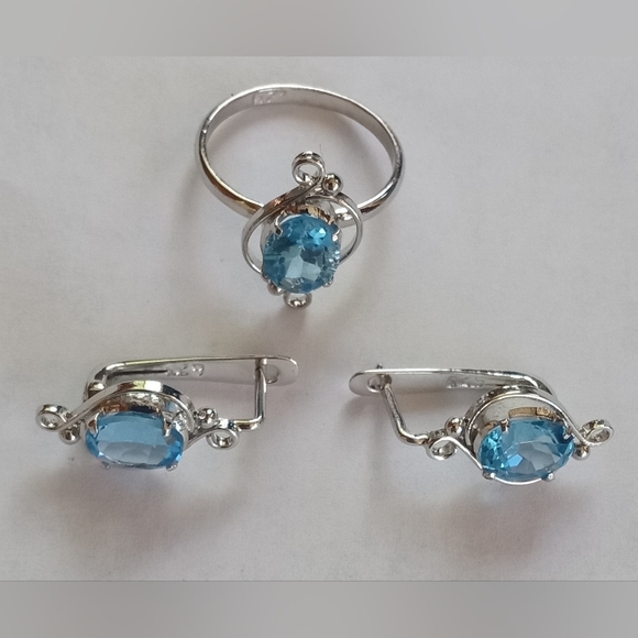 Swiss Blue Topaz Sterling  Scroll Design Setting Ring, Earrings Set - Picture 8 of 12